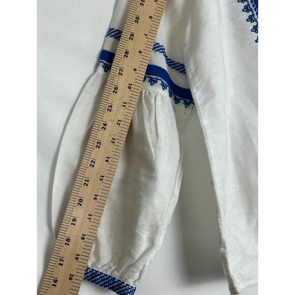 J Crew Tunic Blouse Women's Size 2 White Blue Embroidered Tassel Linen Blend - Picture 5 of 15